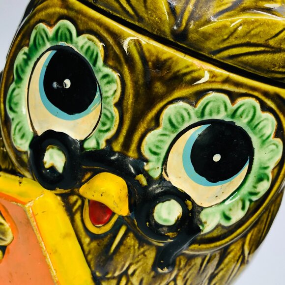 Vintage 60s Wise Owl Cookie Jar: Mid-Century Kitsch Ceramic Countertop Canister - Picture 2 of 15